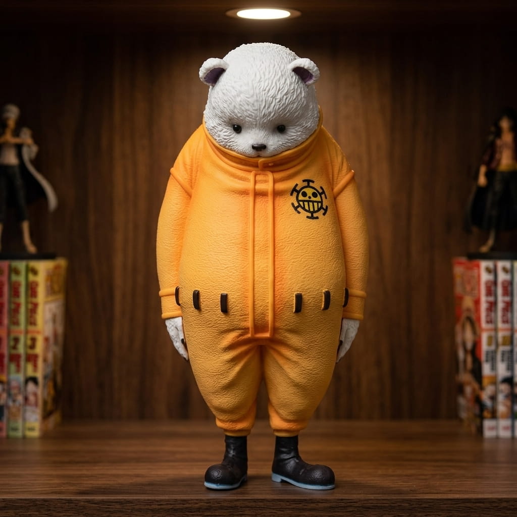 One Piece Bepo figure 24.5 cm, white bear in a zipped orange jumpsuit, head lowered and heavy brown boots, on a shelf (decor not included)