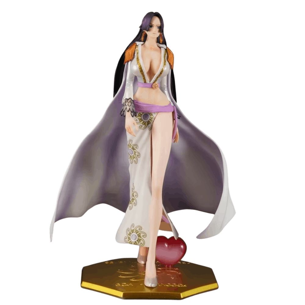 Figurine One Piece Boa Hancock 26,5 cm tenue blanche nacrée vue de face, socle doré gravé