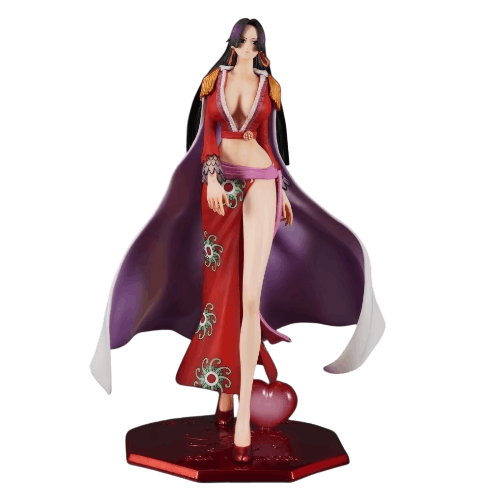 Figurine One Piece Boa Hancock Impératrice 26,5 cm tenue rouge vue de face, cœur Mero Mero au socle