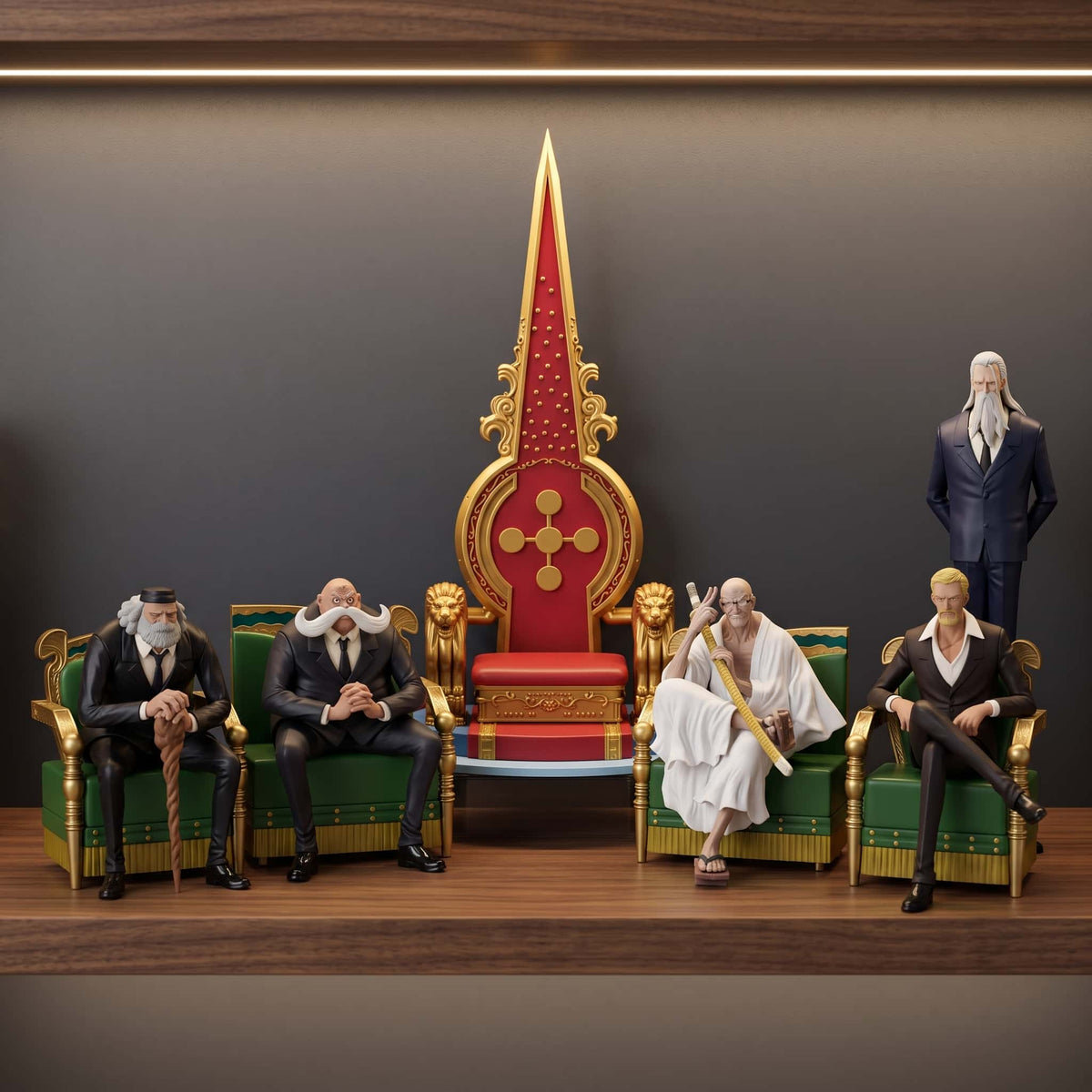Figurines One Piece des Cinq Doyens et du Trône Vide réunies sur une étagère (pièces vendues à l'unité, décor non inclus)