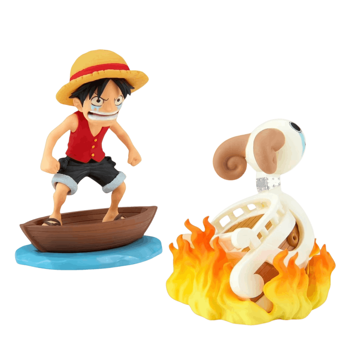 Diorama One Piece Luffy dans sa barque et la figure de proue enflammée - face