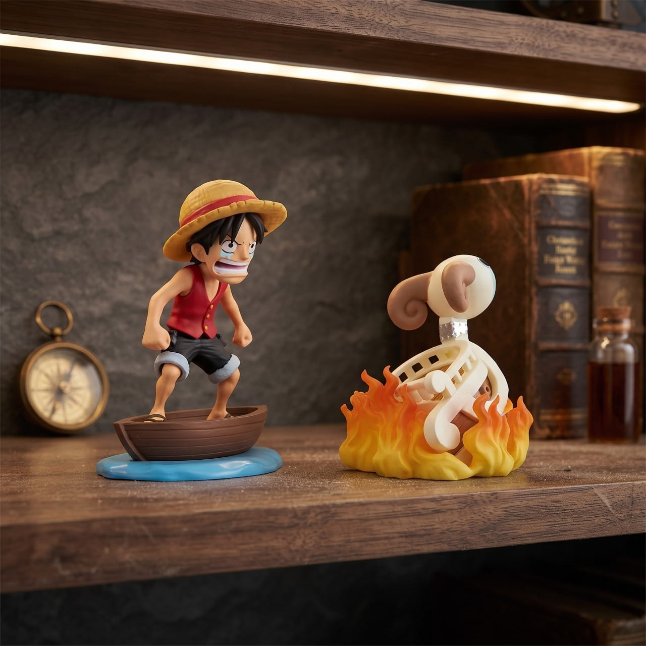 Diorama One Piece Luffy en larmes face au Vogue Merry en flammes, exposé sur une étagère (décor non inclus)