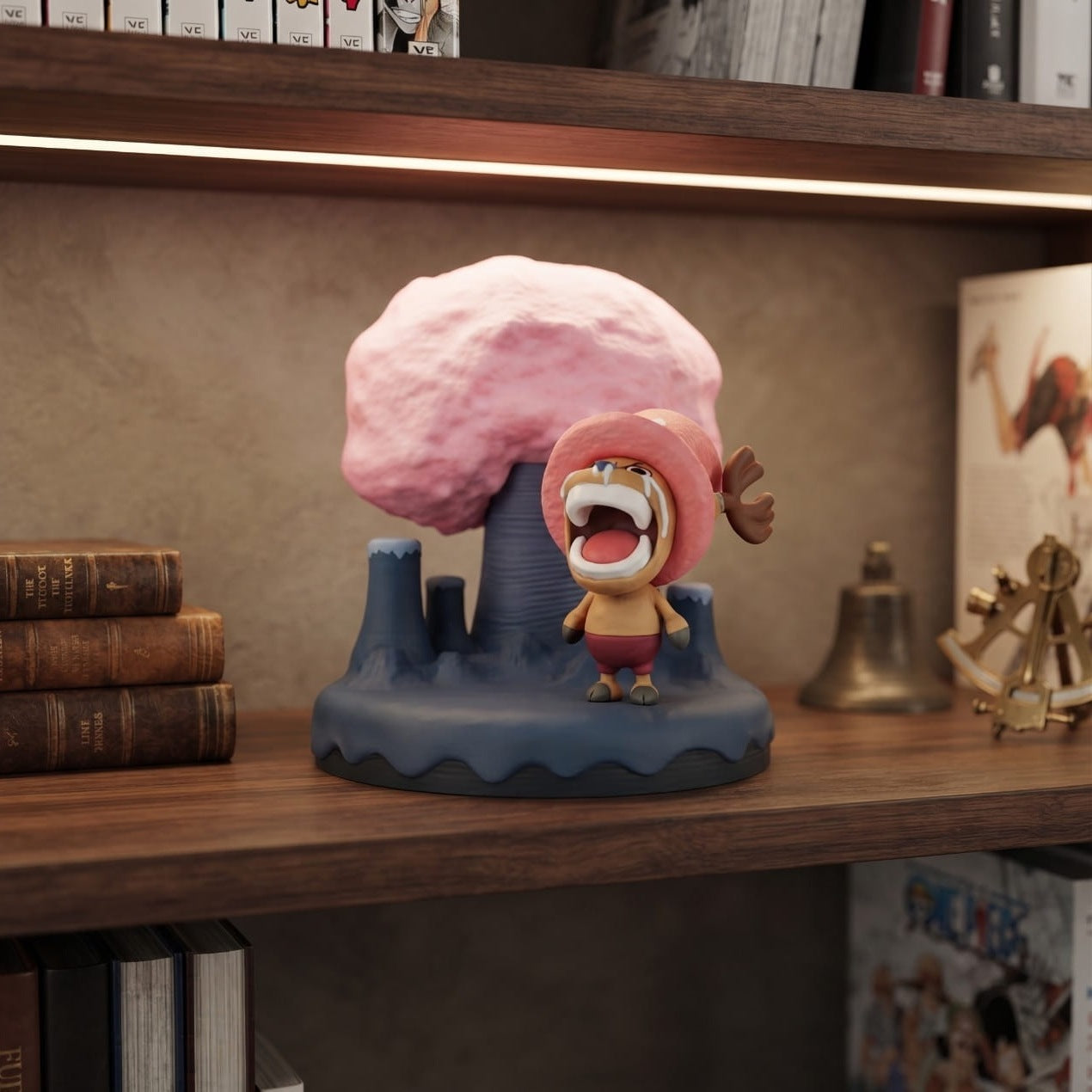 Diorama One Piece Chopper en larmes devant le cerisier en fleurs, exposé sur une étagère (décor non inclus)