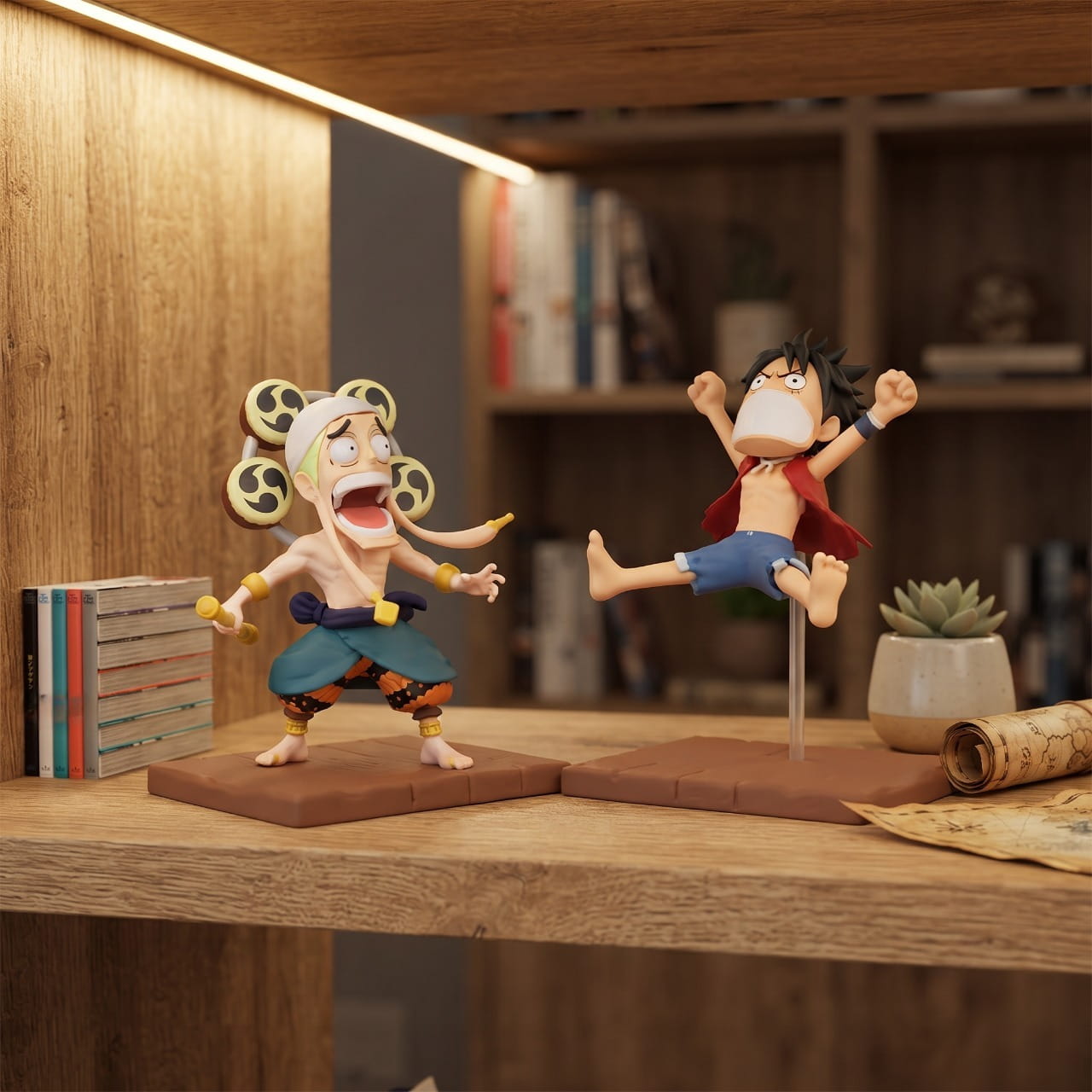 Diorama One Piece Luffy face à Enel le Dieu de Skypiea, exposé sur une étagère (décor non inclus)