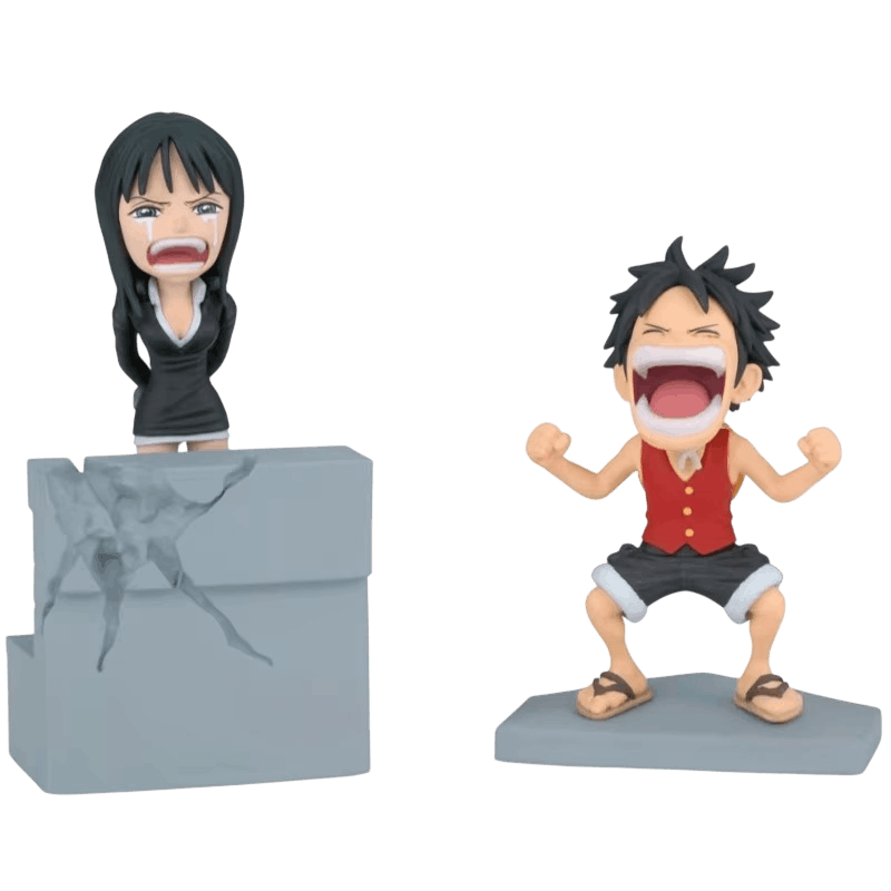 Diorama One Piece Robin sur le mur fissuré et Luffy - face
