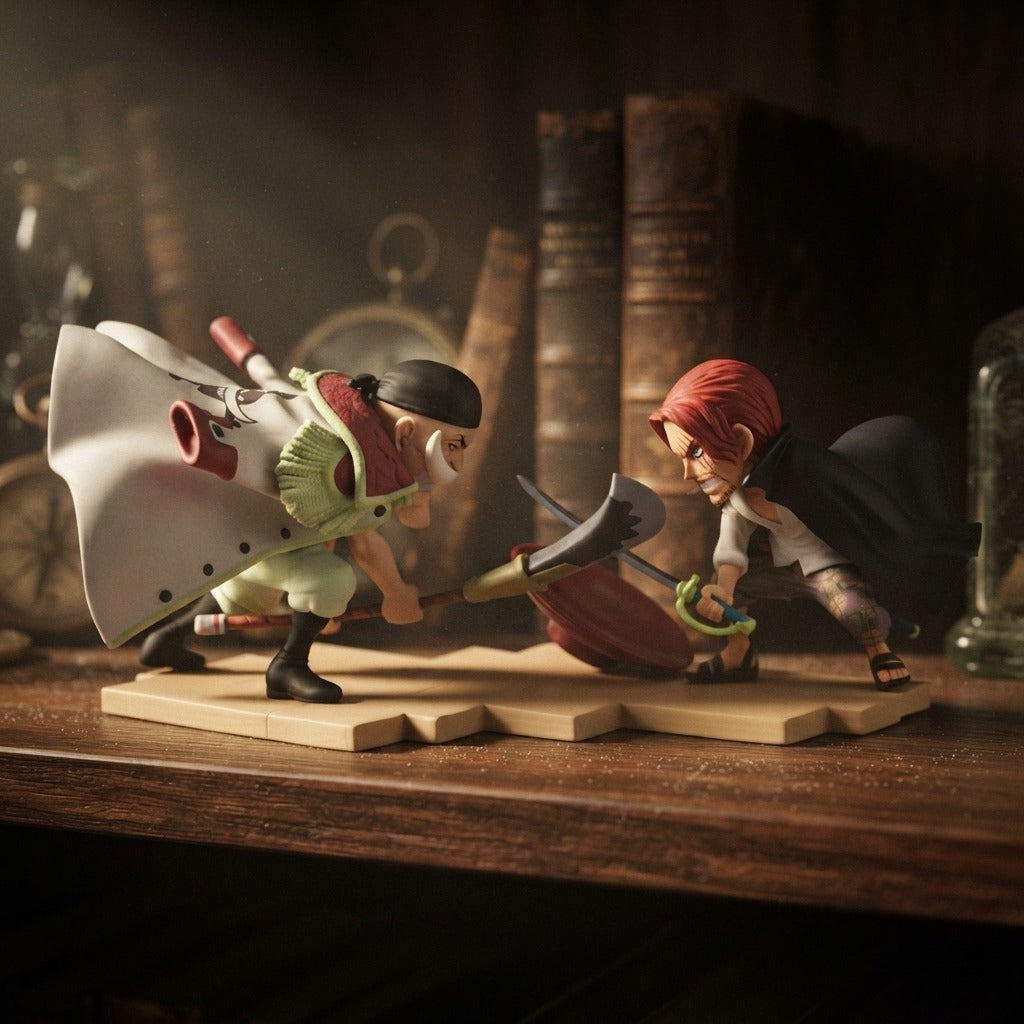 Diorama One Piece Shanks face à Dracule Mihawk, exposé sur une étagère (décor non inclus)