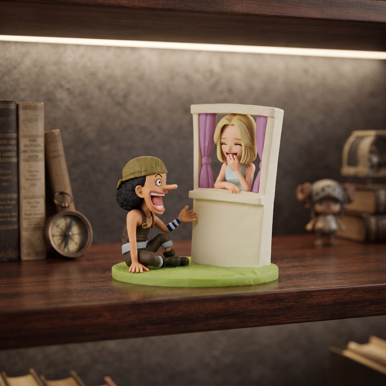 Diorama One Piece Usopp racontant ses histoires à Kaya à sa fenêtre, exposé sur une étagère (décor non inclus)