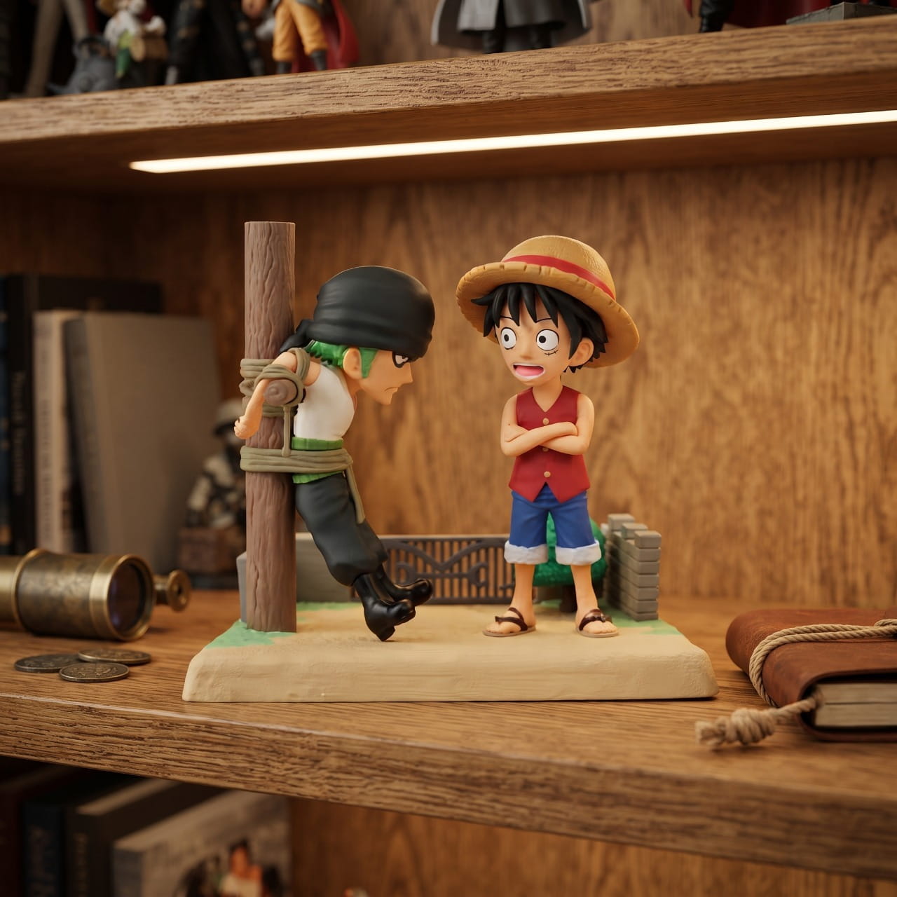 Diorama One Piece Zoro et Luffy exposé sur une étagère (décor non inclus)