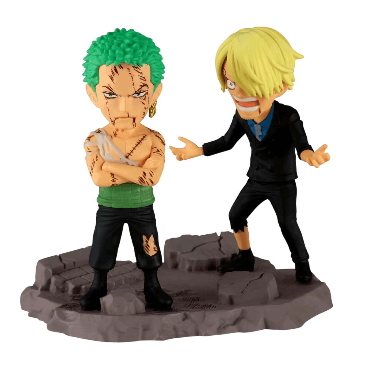 Diorama One Piece Zoro et Sanji, les deux figurines sur leur socle de pierre - face