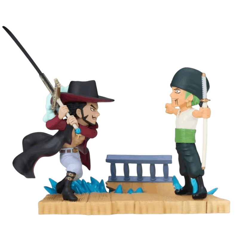 Diorama One Piece Zoro vs Mihawk sur le pont en bois - face