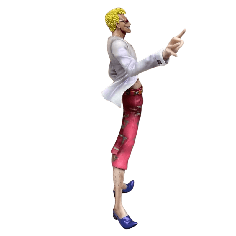 Figurine Doflamingo One Piece de profil : buste renversé, bras tendu, pantalon rose court et chaussures bleues