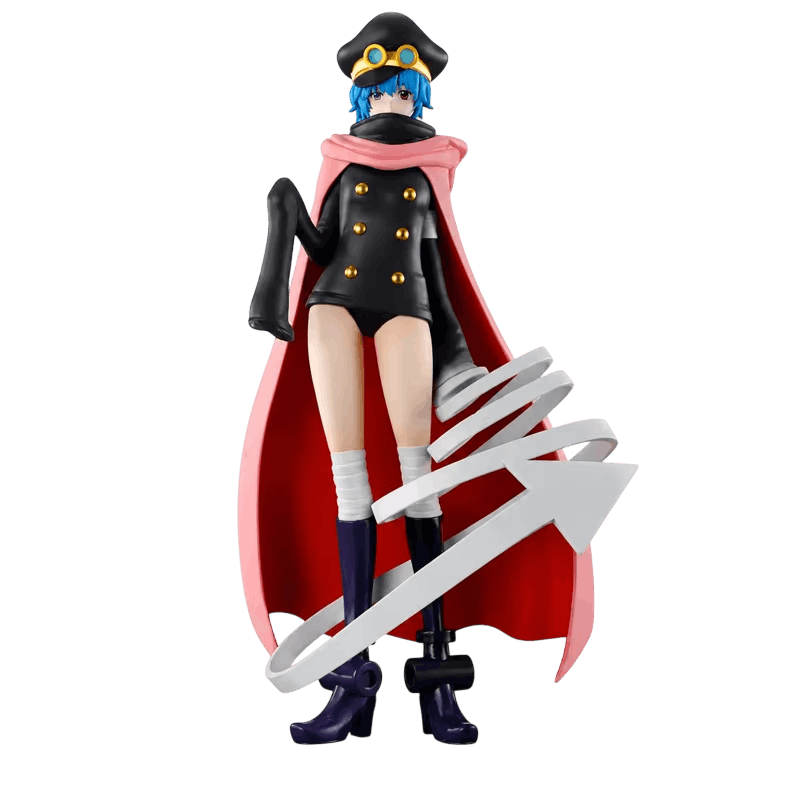One Piece Gunko figure 19 cm from the front: one blue eye and one red eye, high black collar, outfit with gold buttons, long black glove and purple booties