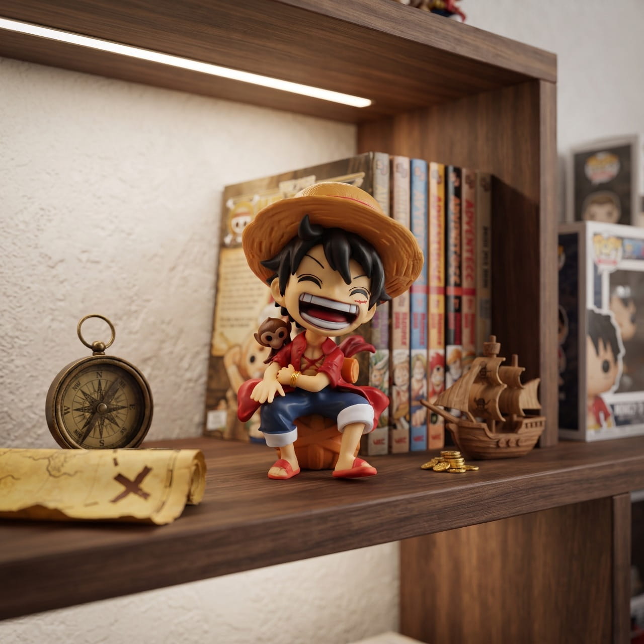 Figurine chibi Monkey D. Luffy exposée sur une étagère (décor non inclus)