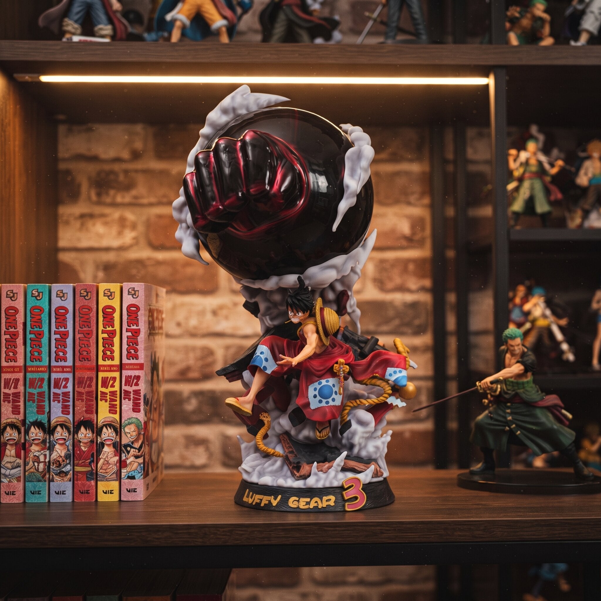 Figurine Luffy Gear 3 kimono One Piece - exposee sur une etagere (decor non inclus)