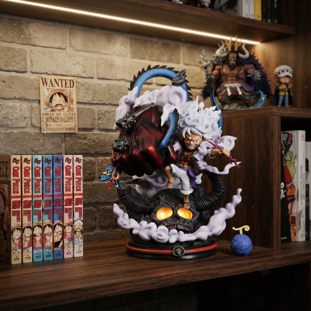 Figurine Luffy Gear 5 poing Gigant One Piece - exposee sur une etagere (decor non inclus)