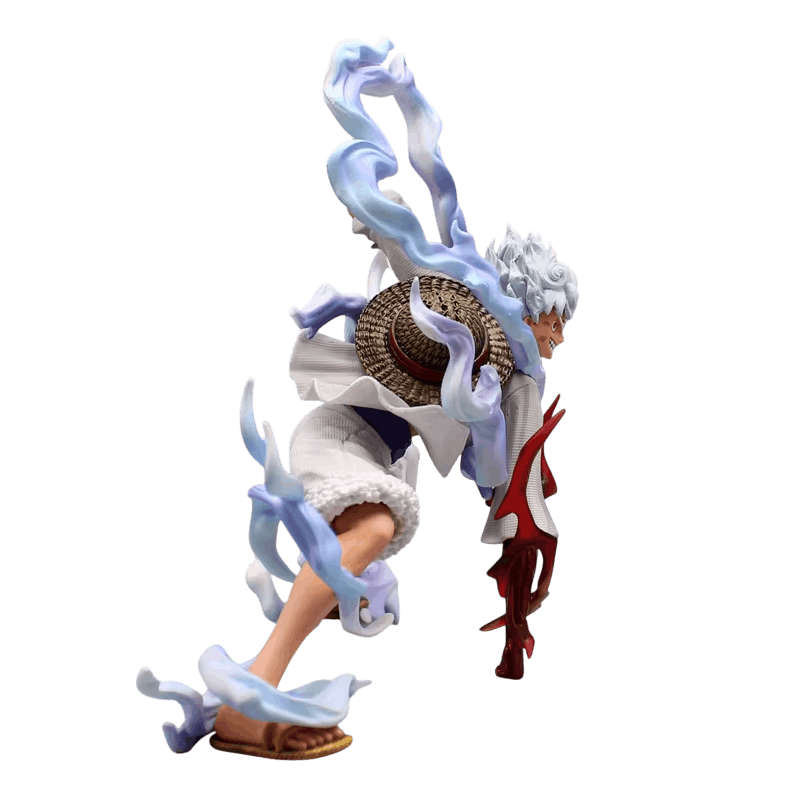 One Piece Luffy Gear 5 figure 19 cm rear view: straw hat on the back and translucent coils touching the ground
