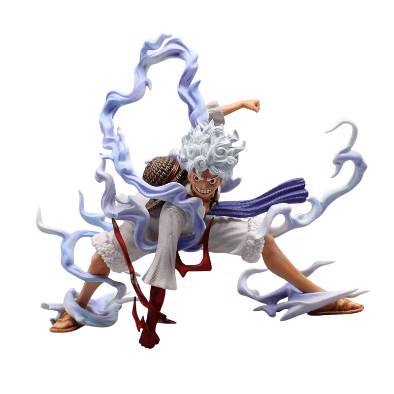 One Piece Luffy Gear 5 figure 19 cm from the front: white shirt and shorts, blue-violet sash cinched by a red cord, straw hat pushed back