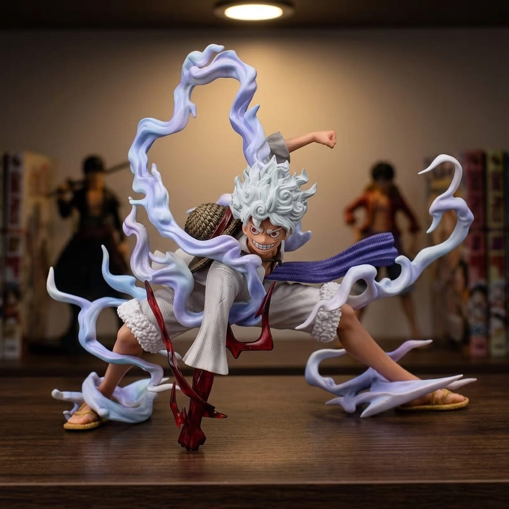 One Piece Luffy Gear 5 figure 19 cm, white hair and an outsized grin, ringed by translucent bluish white coils, on a shelf (decor not included)