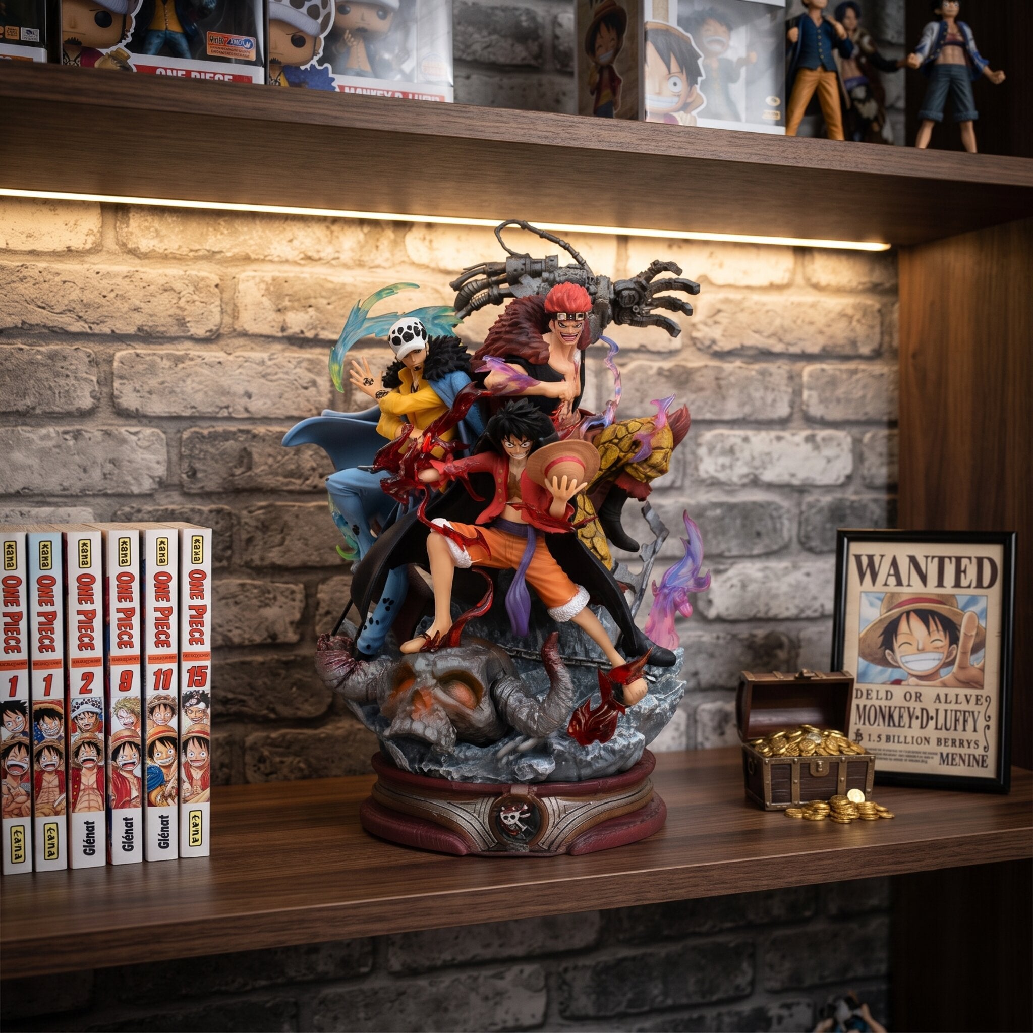 Figurine Luffy Kid Law trois capitaines One Piece - exposee sur une etagere (decor non inclus)
