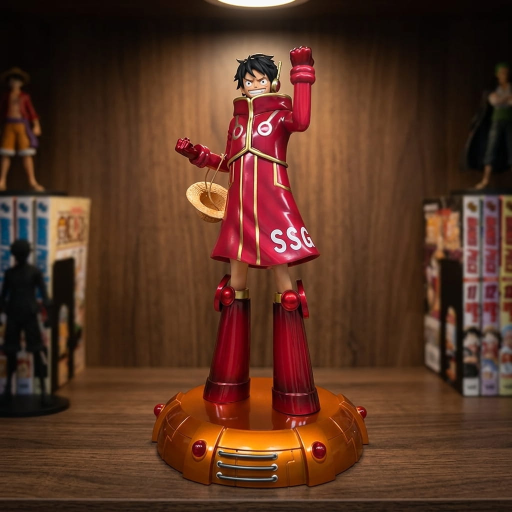 One Piece Luffy figure 33 cm in a long red Egghead coat, fist raised, straw hat in hand, on a round brass-coloured base, on a shelf (decor not included)
