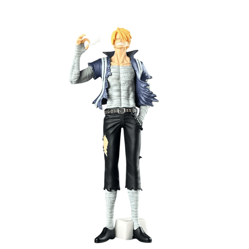 Figurine Sanji One Piece 28 cm couvert de bandages : cigarette levée, veste bleu marine au col relevé, pantalon noir déchiré, une main dans la poche