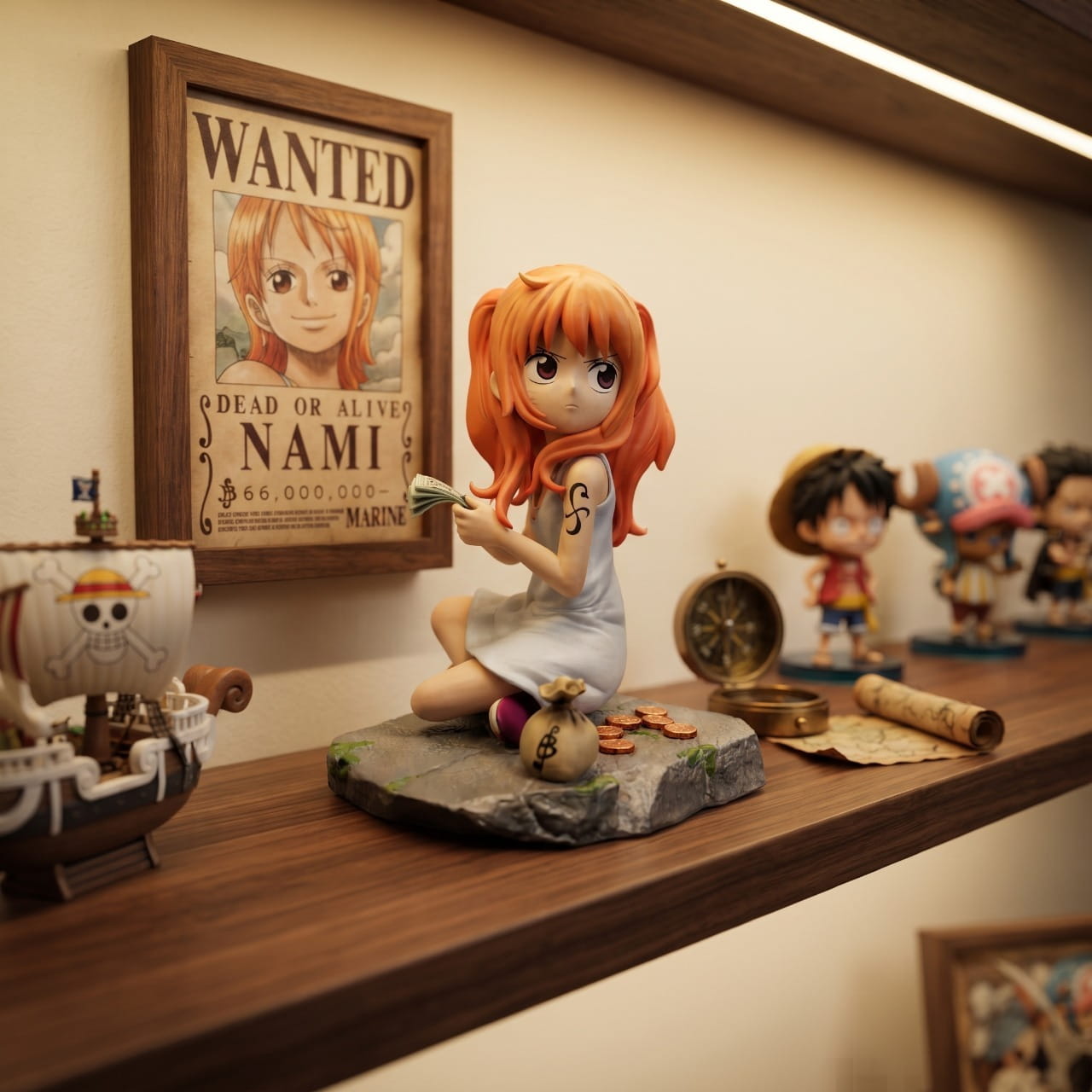 Figurine Nami enfant One Piece exposée sur une étagère (décor non inclus)