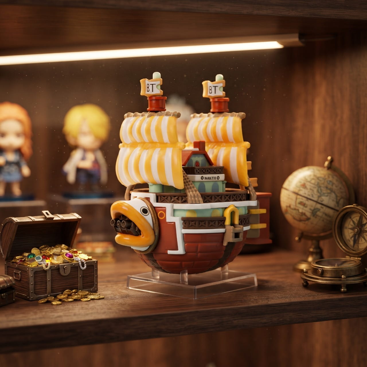Réplique miniature du Baratie posée sur une étagère en bois, coffre au trésor rempli de pièces d'or à côté — One Piece (décor non inclus)