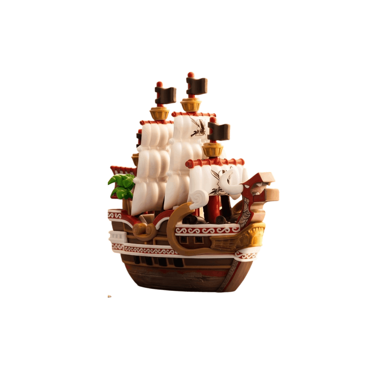 Réplique du Red Force vue de trois quarts : coque acajou à volutes blanches, proue de dragon, voiles crème — One Piece, PVC peint