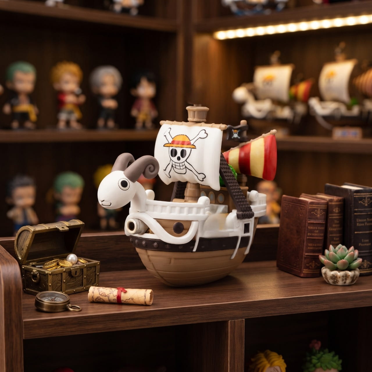 Réplique miniature du Vogue Merry posée sur une étagère en bois, coffre au trésor ouvert et boussole à côté — One Piece (décor non inclus)