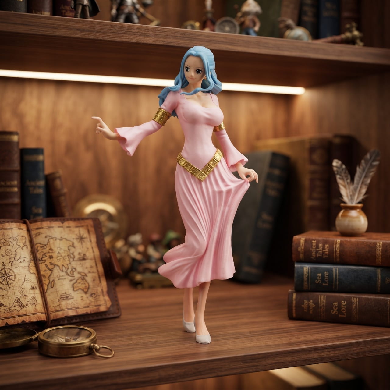 Figurine One Piece – Nefertari Vivi Princesse d'Alabasta 23 cm, exposée sur une étagère (décor non inclus)