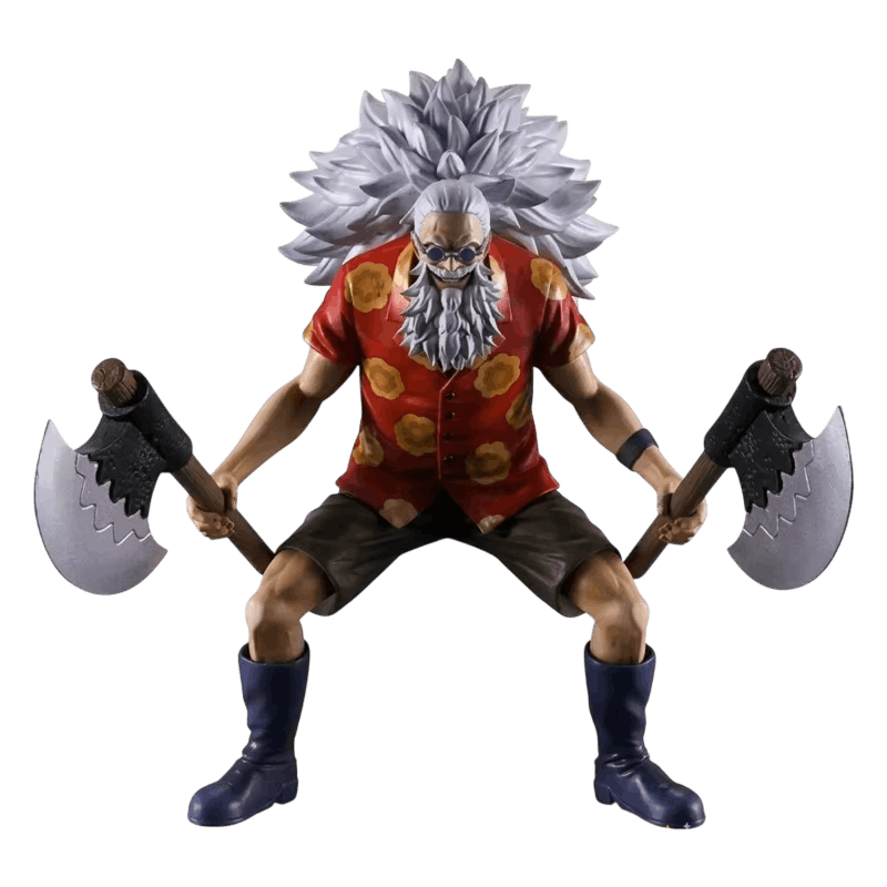 Figurine Scopper Gaban One Piece de face : crinière grise, lunettes rondes, chemise rouge à fleurs jaunes, une hache dans chaque main, bottes bleu marine
