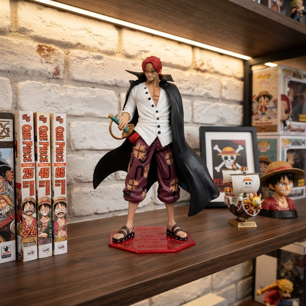 Figurine Shanks le Roux One Piece exposée sur une étagère (décor non inclus)