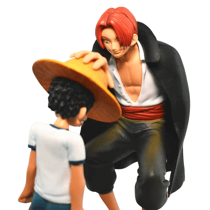 Gros plan sur Shanks posant le chapeau de paille sur la tête de Luffy