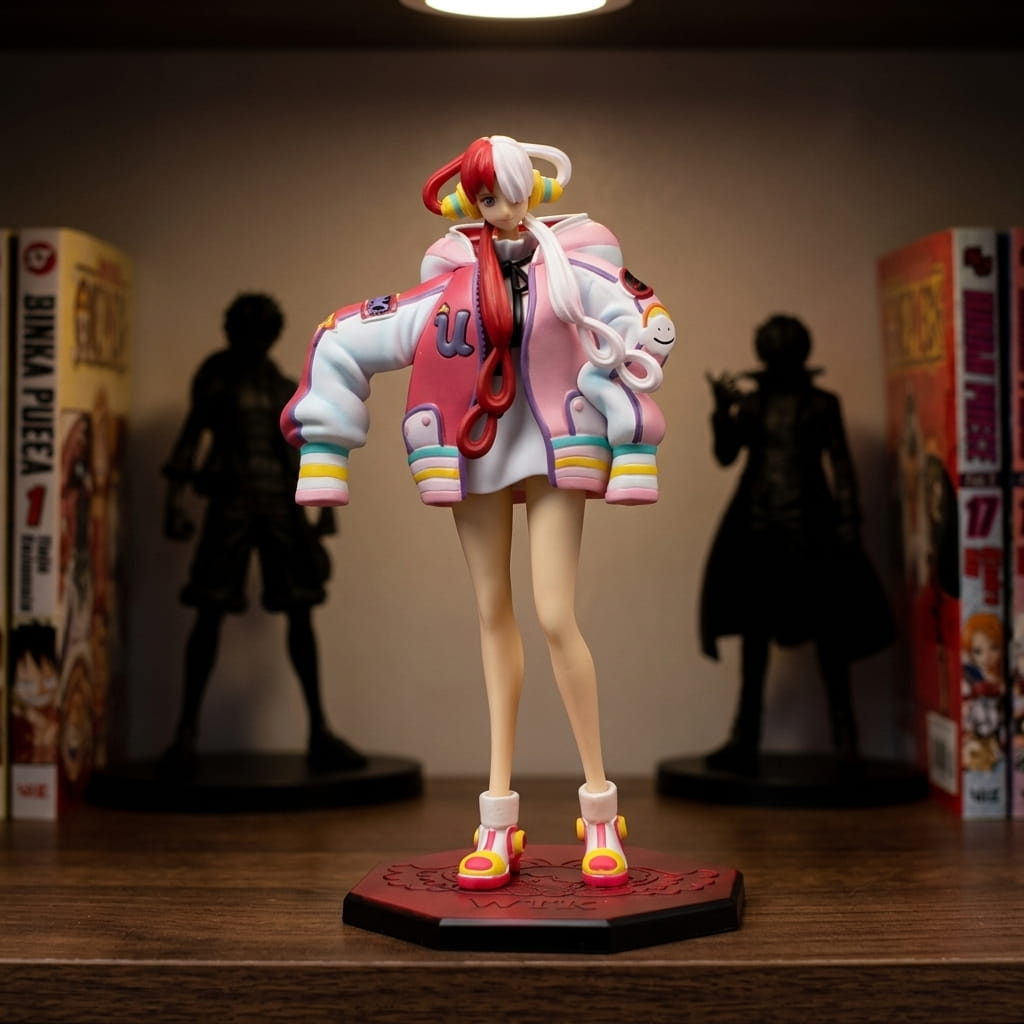 One Piece Uta figure 24 cm in a white and pink stage jacket, mascot-face headpiece over the bun, on a dark red octagonal base, on a shelf (decor not included)
