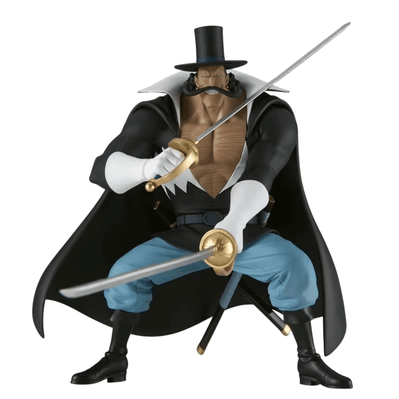 Figurine Vista One Piece de face : haut-de-forme, moustache recourbée, deux rapières à garde dorée tenues en garde