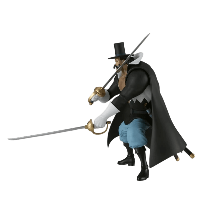 Figurine Vista One Piece de trois quarts, jambes fléchies, cape noire et pantalon bleu clair, lames tendues