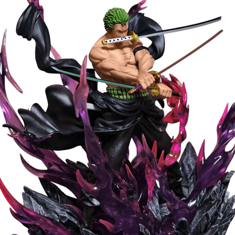 Statue Zoro Ashura vue en plongée, sabre en bouche et voiles d'aura démoniaque