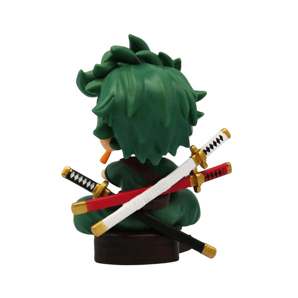 Figurine chibi Roronoa Zoro assis, sabres dans le dos - vue arrière