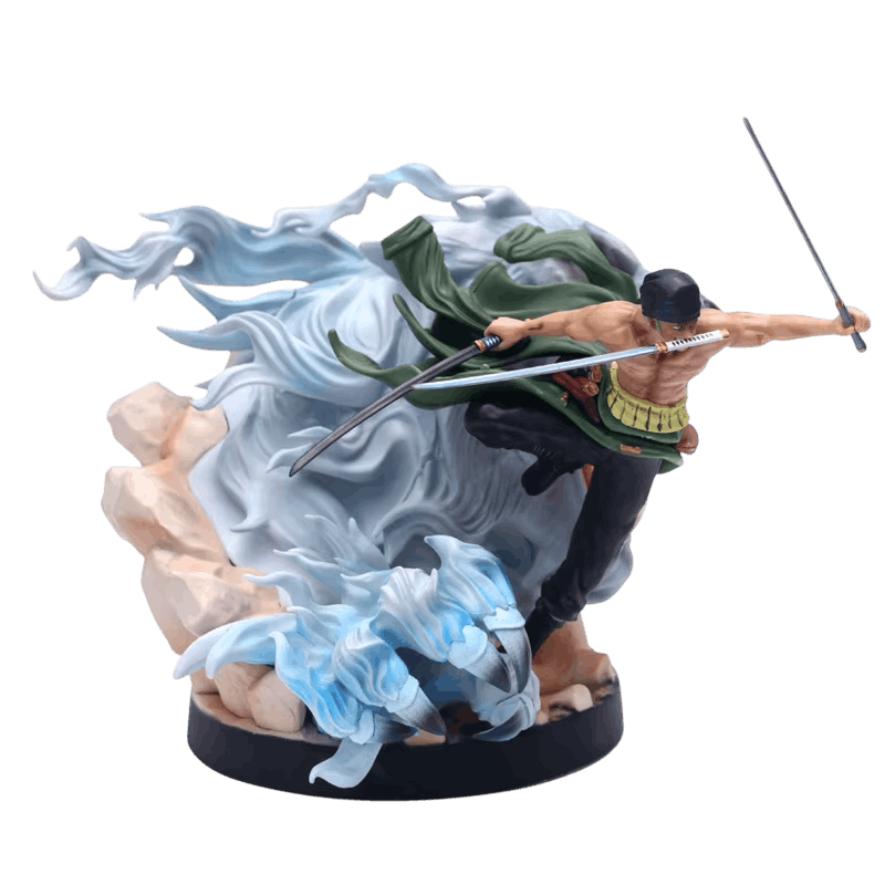 Figurine Zoro One Piece de trois quarts : bras tendu, sabre pointé, patte de tigre griffue sur socle rond noir