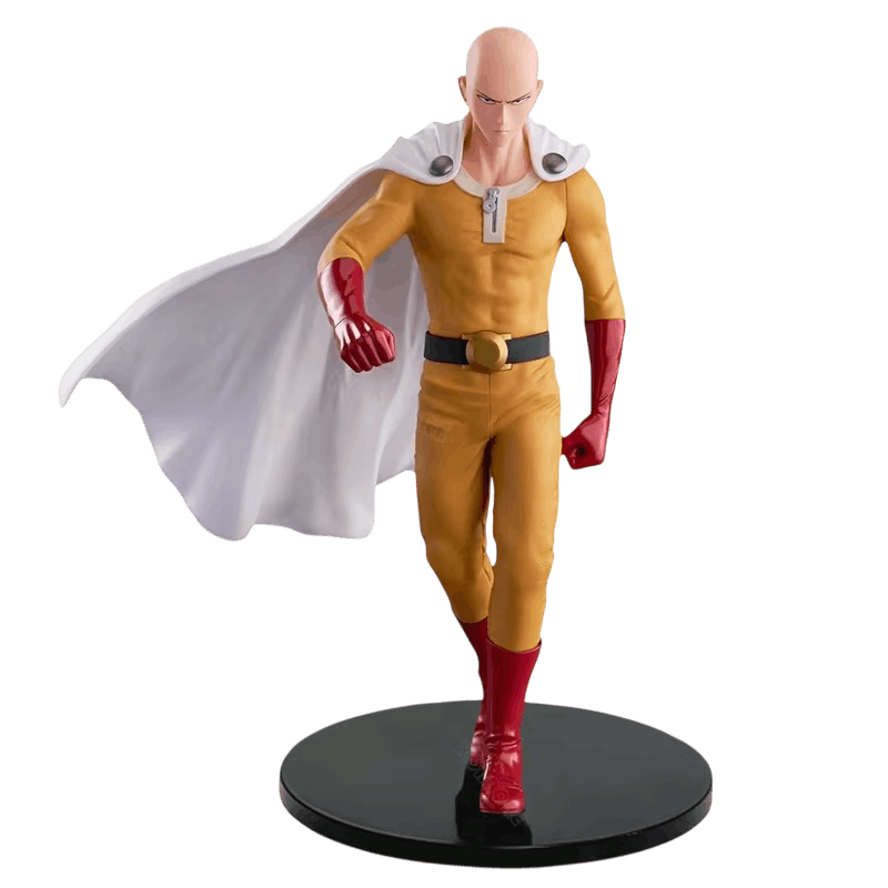Figurine Saitama (One Punch Man), 17 cm, aplat jaune franc et liseré rouge net aux poignets — détourée, vue sans décor.