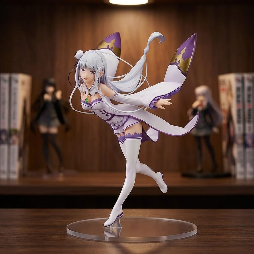 Re:Zero Emilia figure 22 cm in a white dress with violet frills, detached sleeves spread wide and a clear round base, on a shelf (decor not included)