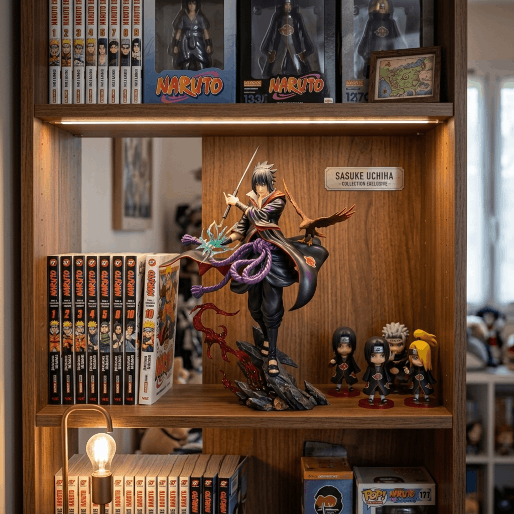Figurine Sasuke Uchiha exposée sur une étagère de collection Naruto