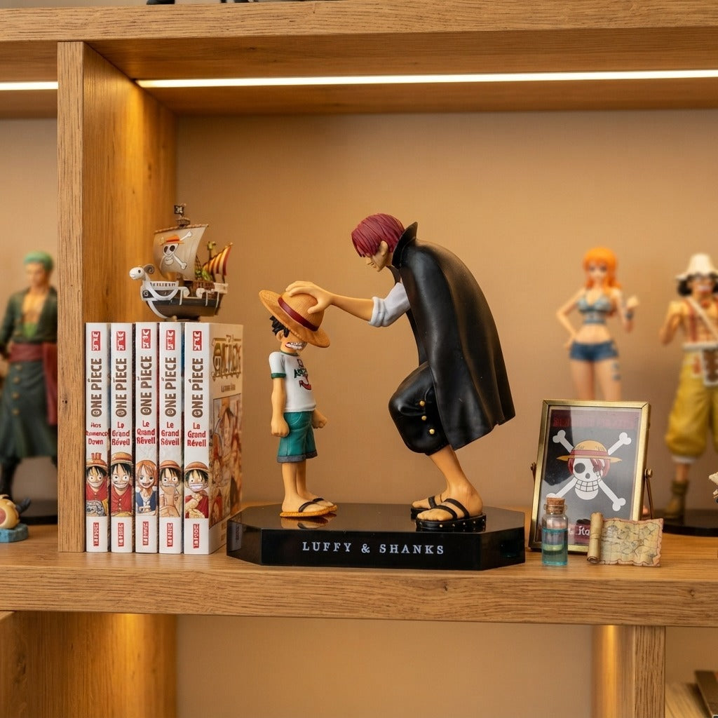 Figurine Shanks et Luffy exposée sur une étagère de collection One Piece