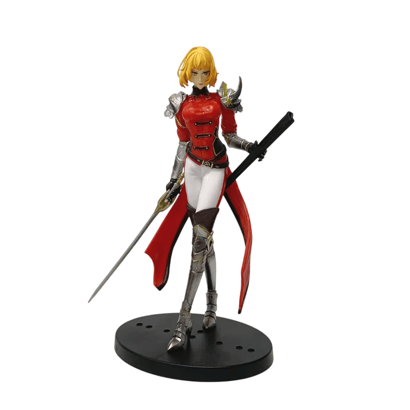 Figurine Cha Hae-In en veste rouge et armure argentée, épée dans une main, fourreau dans l'autre, socle noir, détourée sur fond blanc