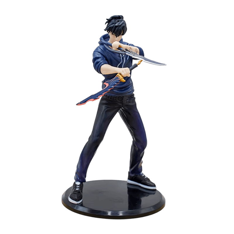 Figurine Sung Jinwoo de face en sweat bleu, deux dagues croisées devant la poitrine, socle noir brillant