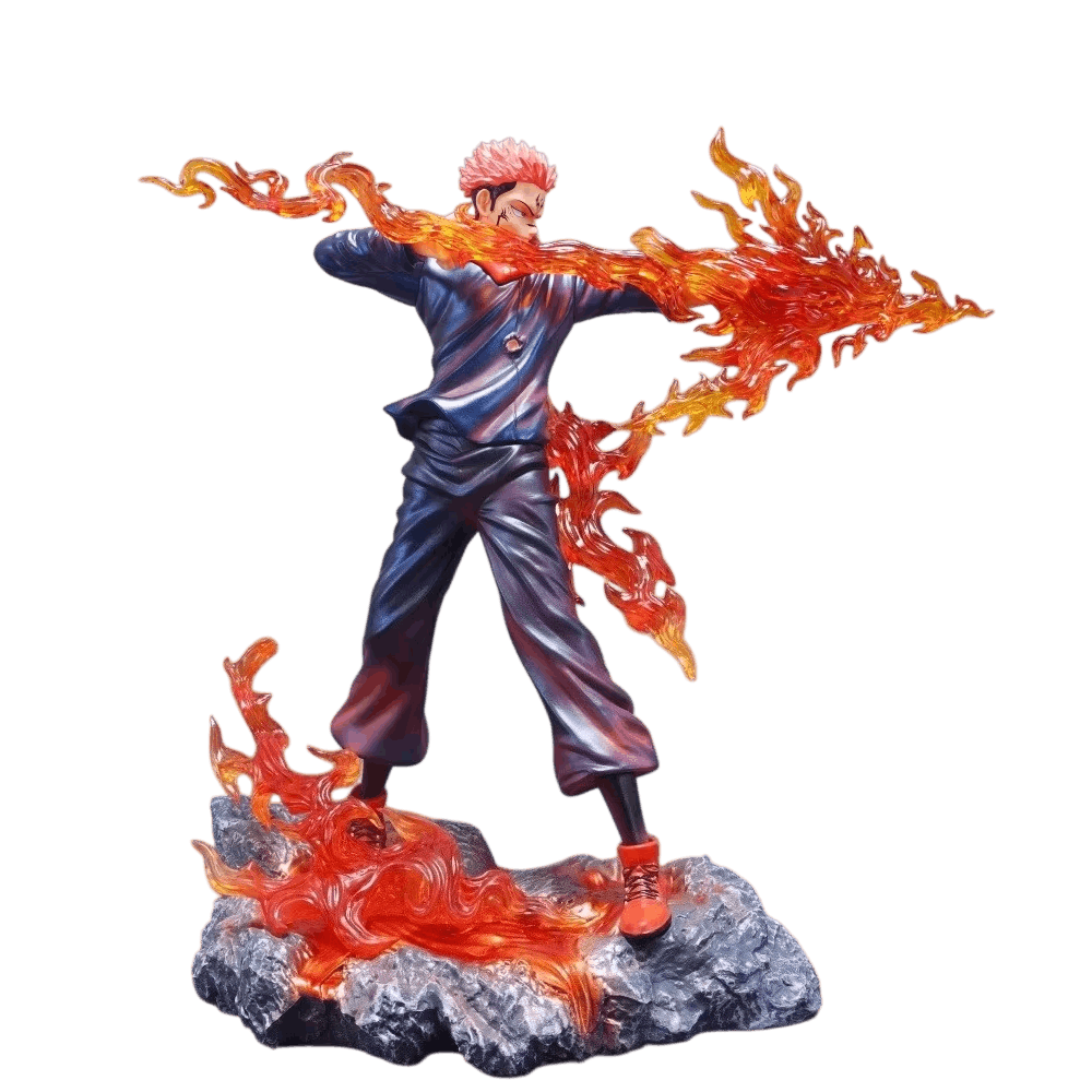 Figurine Sukuna Jujutsu Kaisen flammes translucides vue de côté