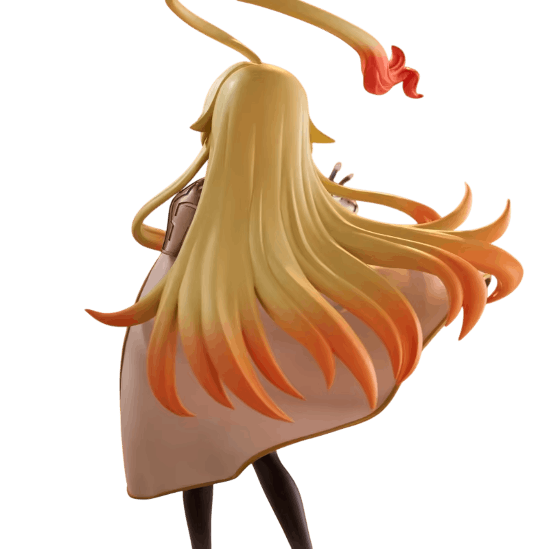 Teoritta figure 19 cm rear view: the blonde hair opens into wide strands down to the hem of the cream cloak