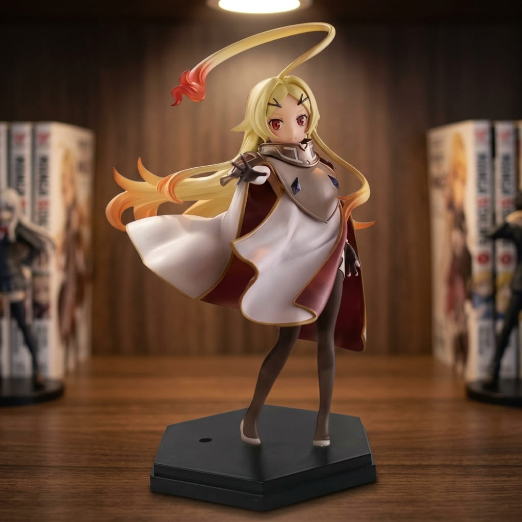 Teoritta figure 19 cm, long blonde hair with orange tips, cream cloak lined in red and a red ribbon on a raised strand, on a shelf (decor not included)