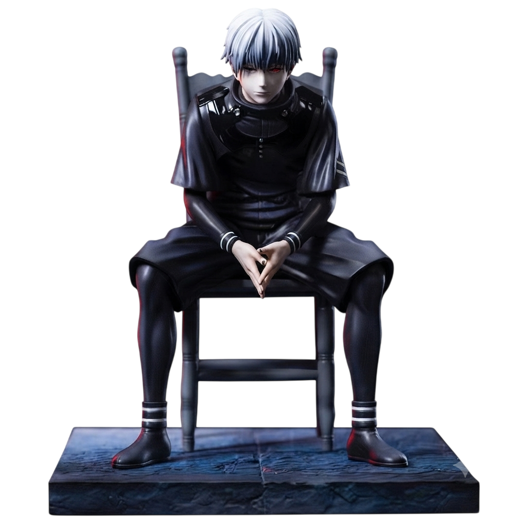 Figurine Ken Kaneki 20 cm version visage découvert, mains jointes sur la chaise