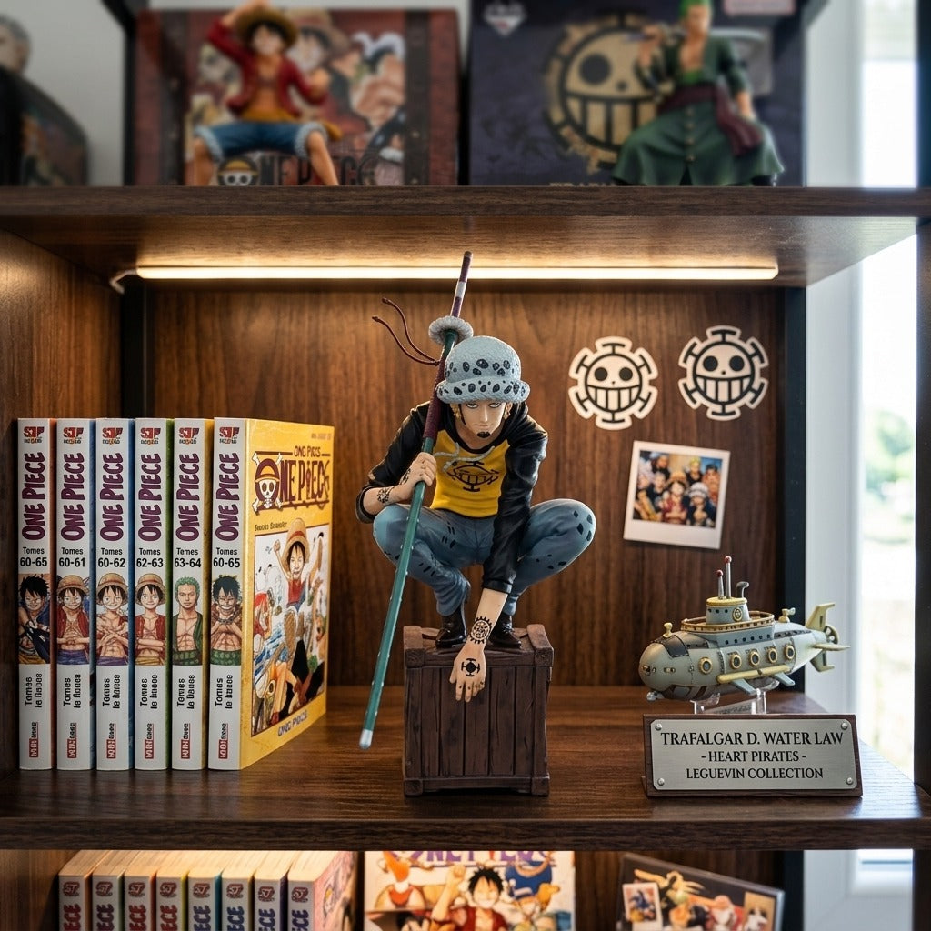 Figurine Trafalgar Law exposée sur une étagère de collection One Piece